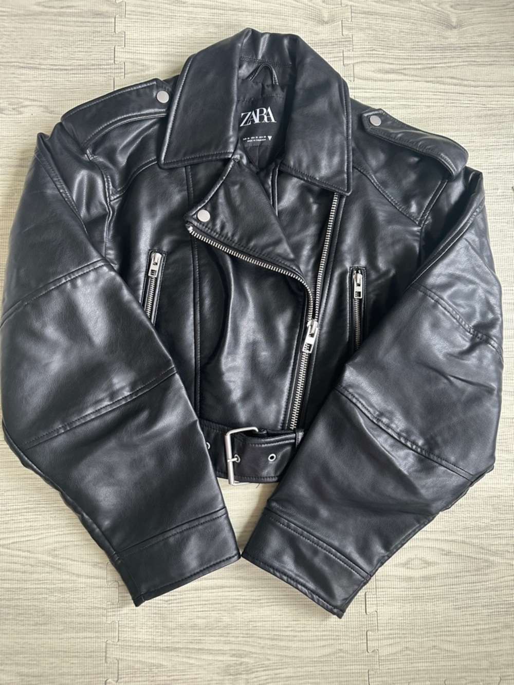 ZARA Black Faux Leather Biker Jacket with Silver Hardware